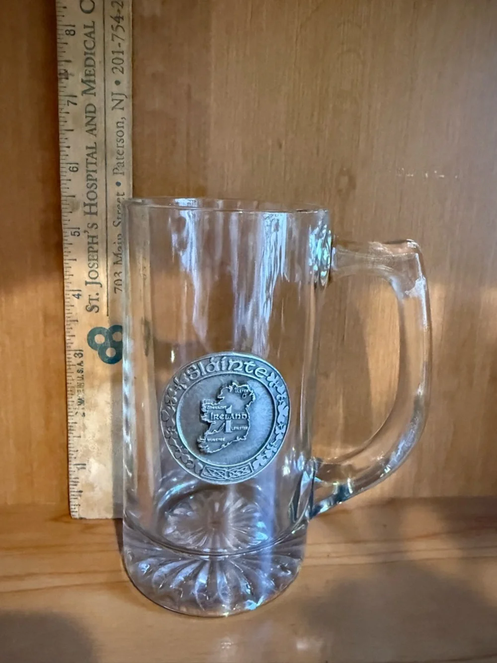 Clear‎ Glass Irish Beer Stein Mug with Pewter Crest Vintage